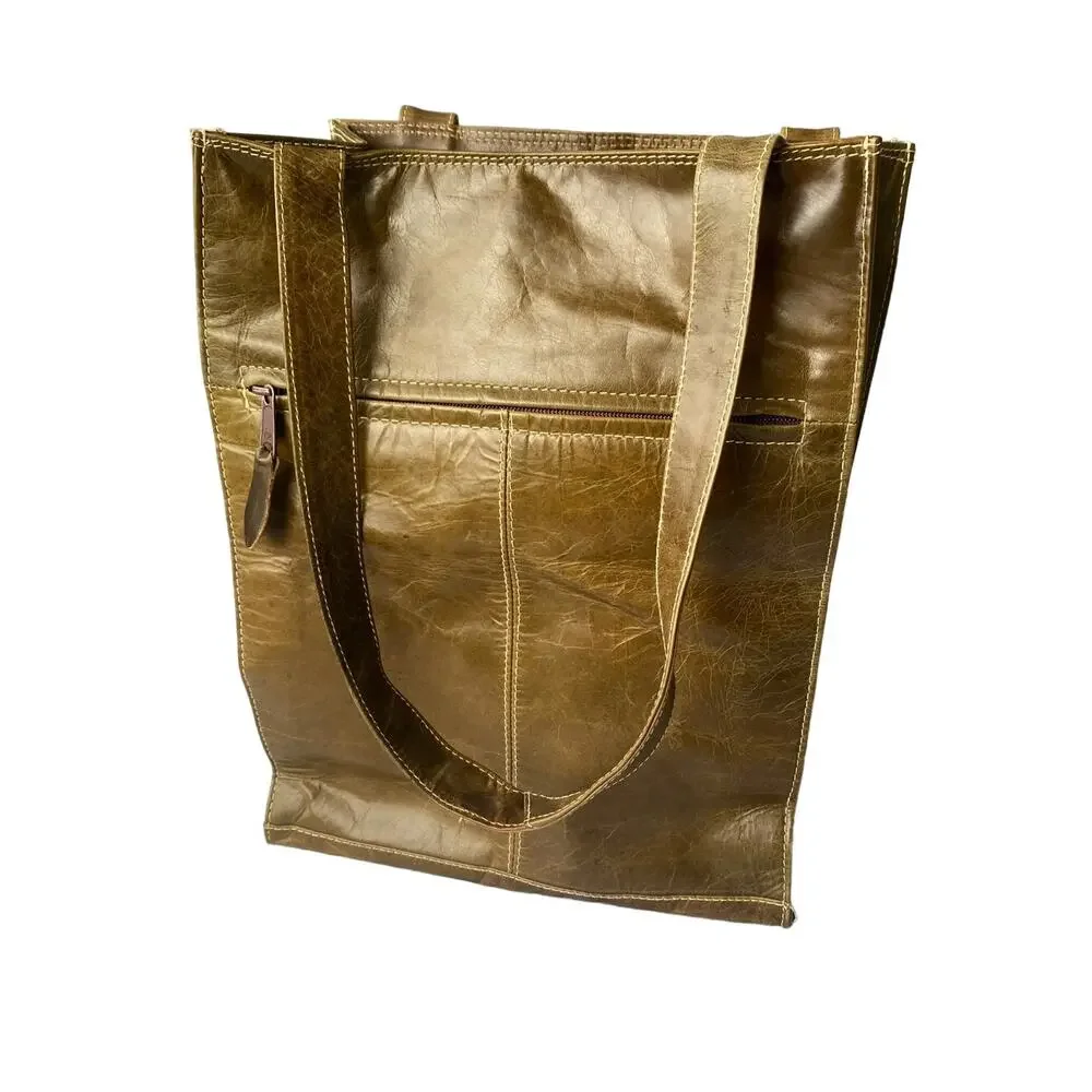 Crab Compass Vintage Barganza Lined Leather Tote Bag Pockets Brown 13